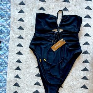 Recycled Ruched Tie Cut Out Halterneck Swimsuit